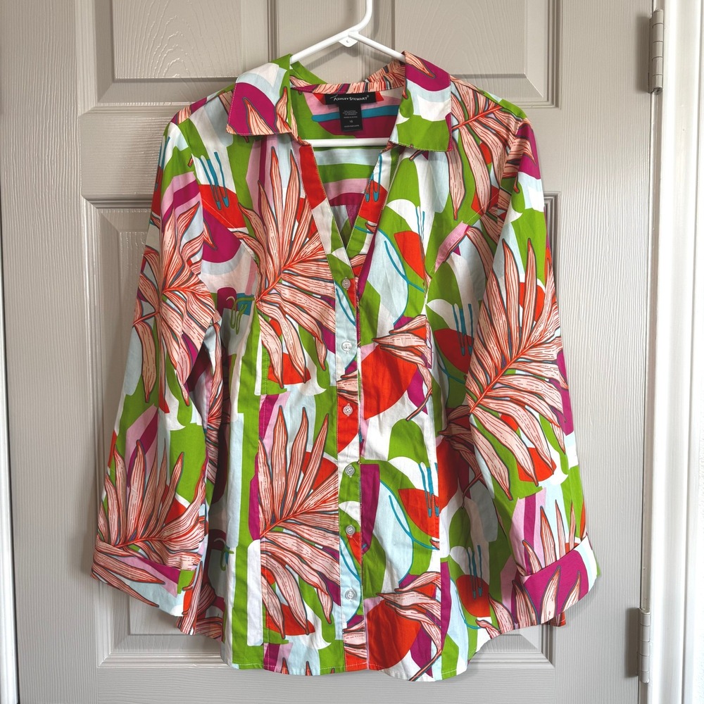Ashley Stewart Womens 16 Tropical Palm Leaf Button Down Shirt Vacatoin Resort